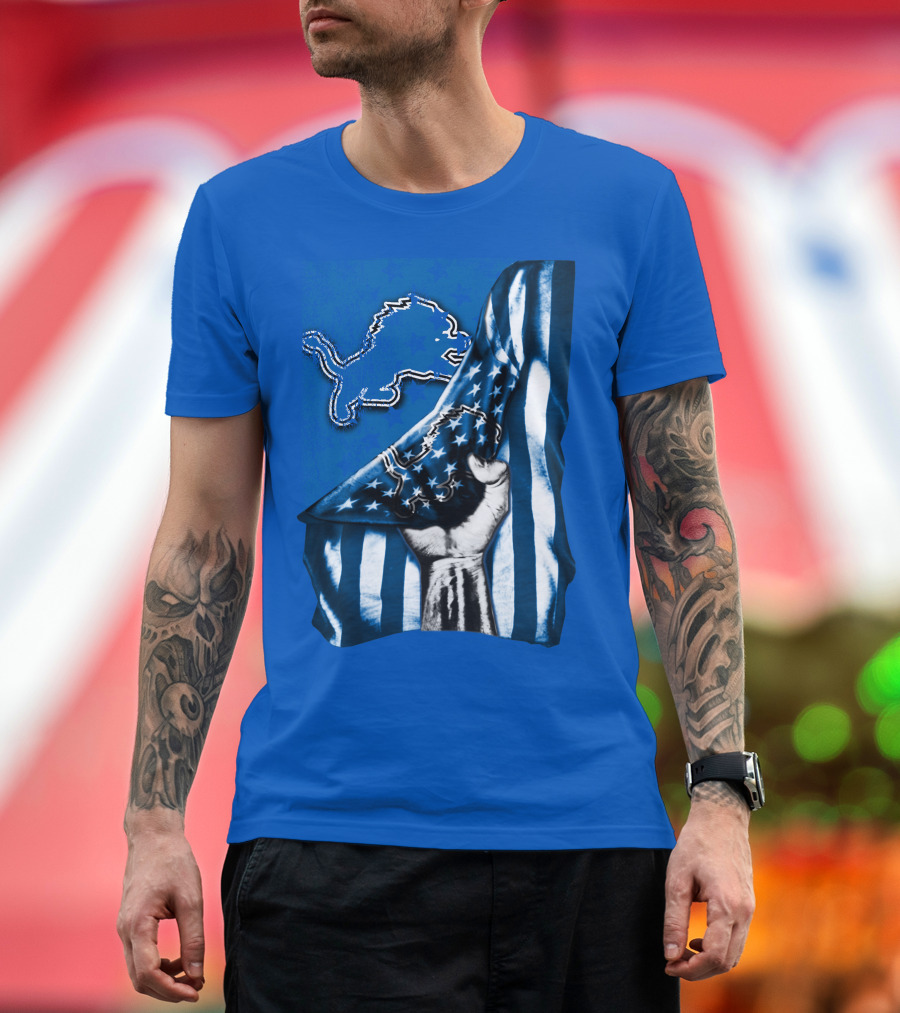 Flag V1 Detroit Lions Blue And White Stars And Stripes Fist T-Shirt