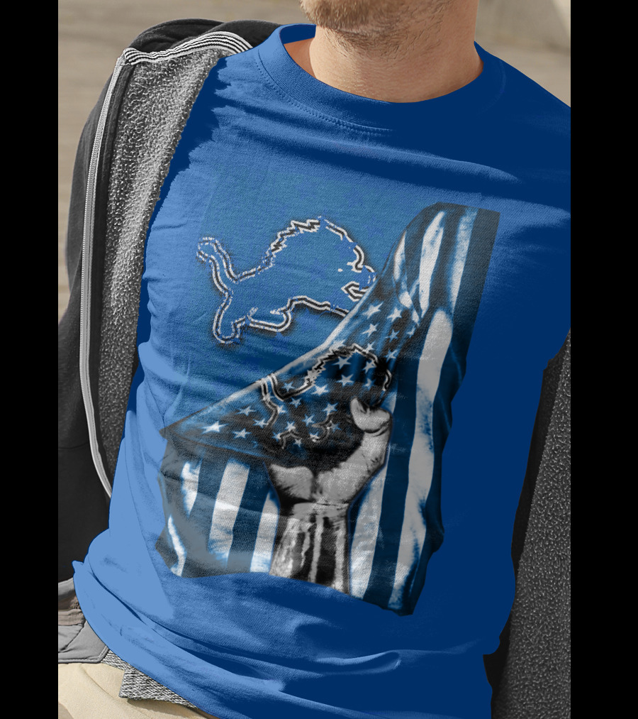 Flag V1 Detroit Lions Blue And White Stars And Stripes Fist T-Shirt