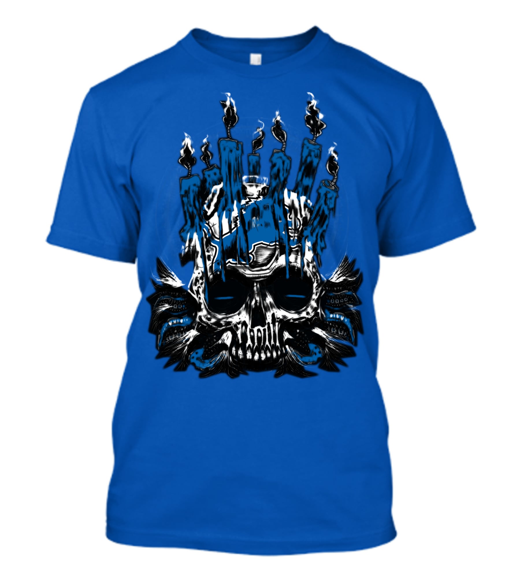 Detroit Lions Skull With Blue Flames And Candles T-Shirt