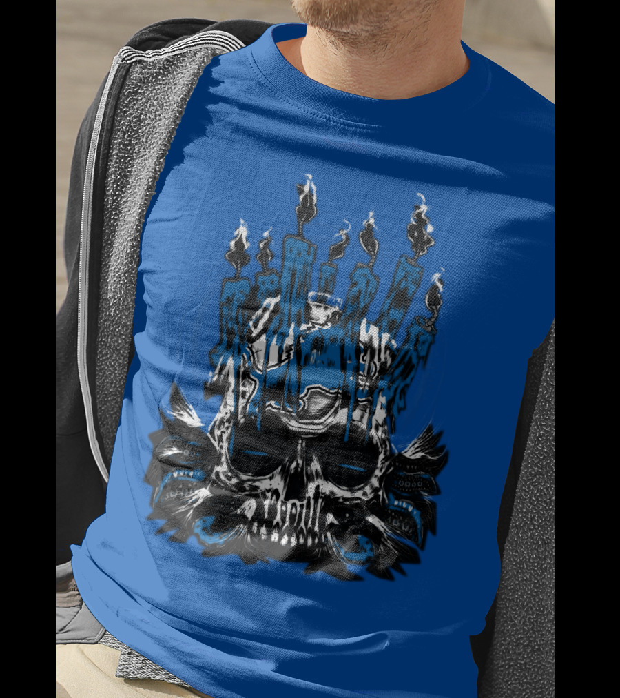 Detroit Lions Skull With Blue Flames And Candles T-Shirt