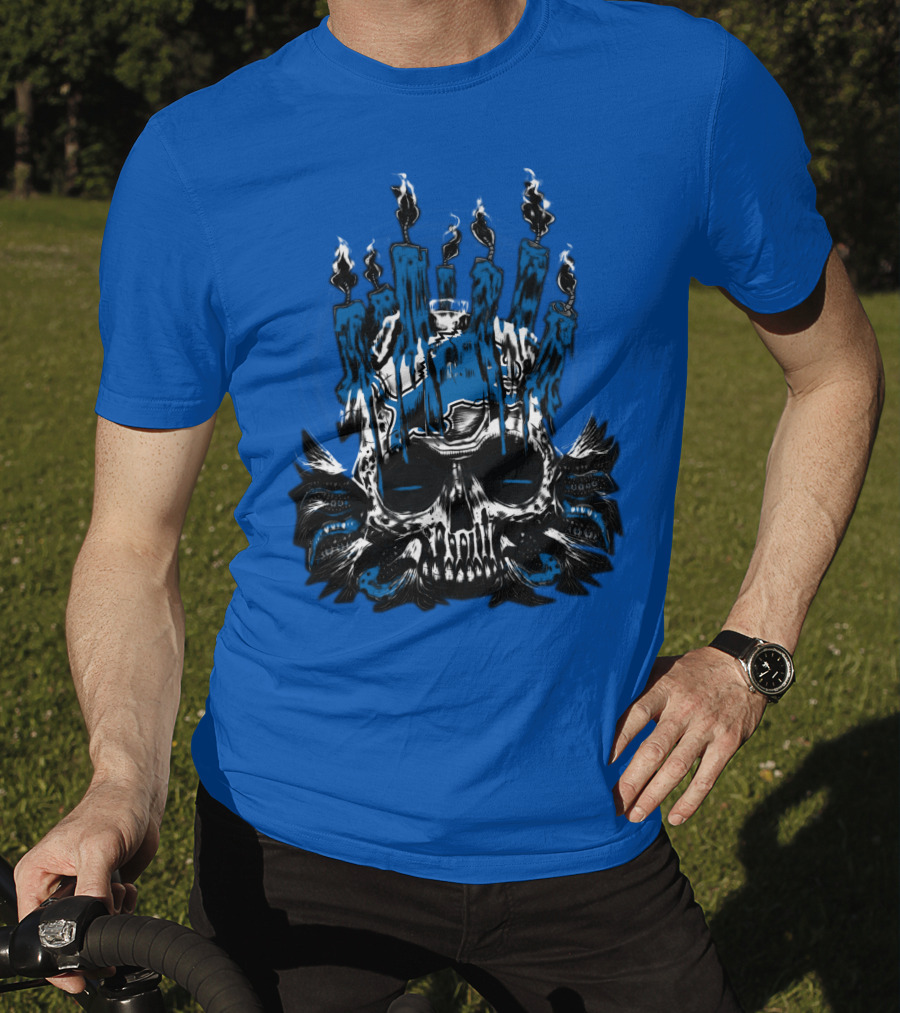 Detroit Lions Skull With Blue Flames And Candles T-Shirt