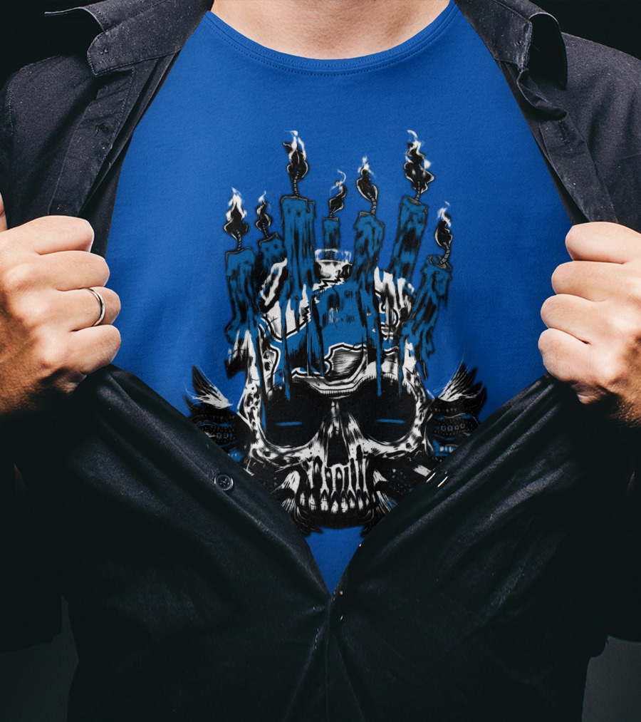 Detroit Lions Skull With Blue Flames And Candles T-Shirt
