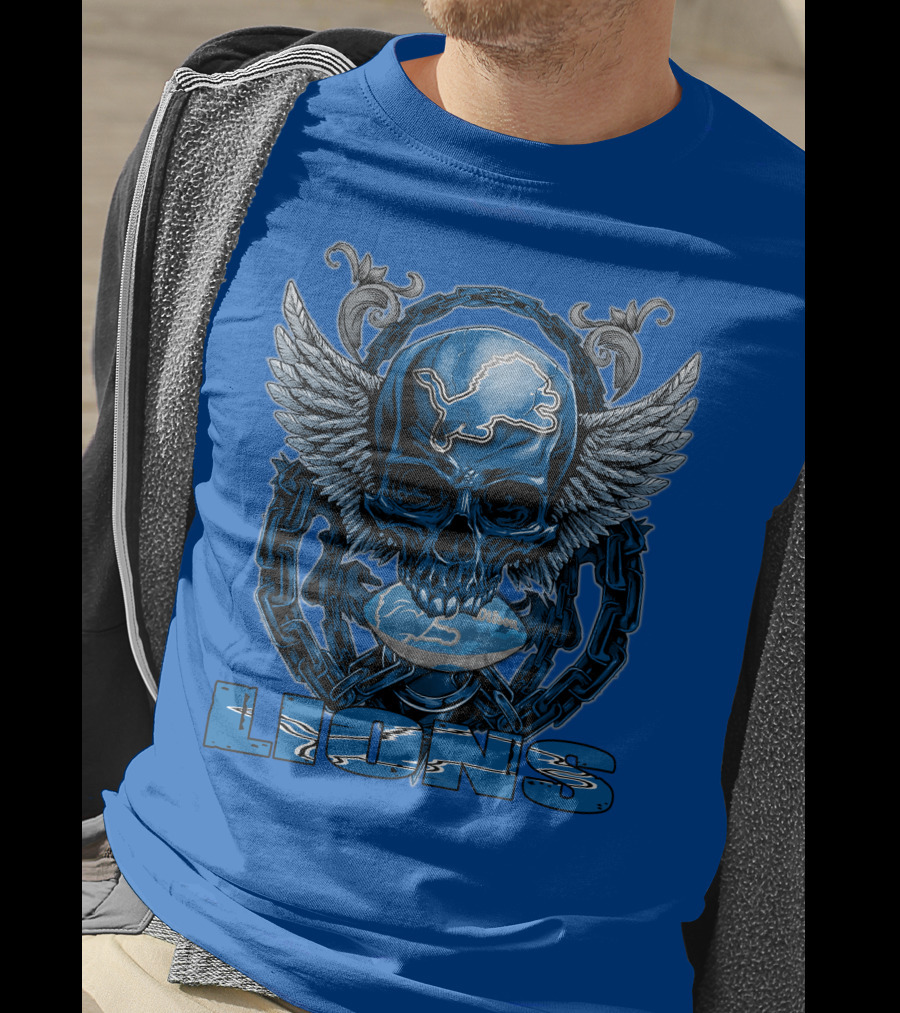 Winged Skull Detroit Lions Emblem Blue Silver Chains T-Shirt