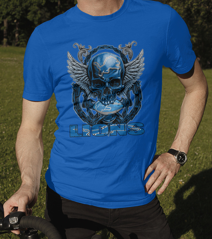 Winged Skull Detroit Lions Emblem Blue Silver Chains T-Shirt