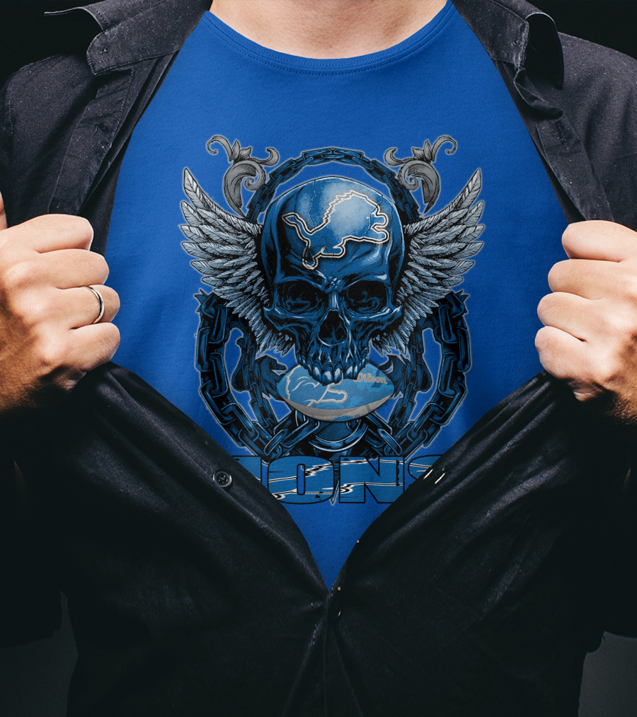 Winged Skull Detroit Lions Emblem Blue Silver Chains T-Shirt