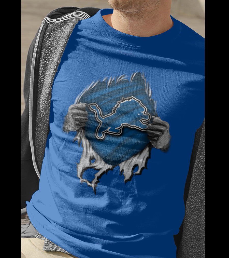 Torn DETROIT LIONS Logo Revealed Through Ripped Blue Fabric T-Shirt