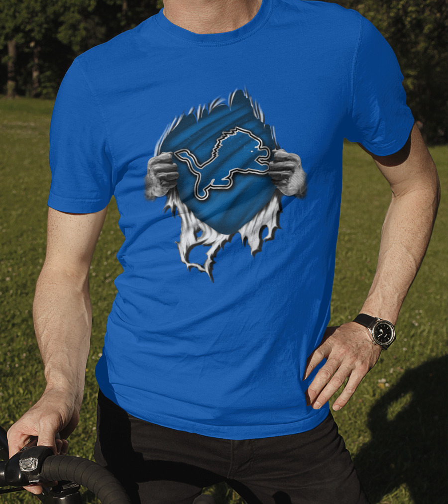 Torn DETROIT LIONS Logo Revealed Through Ripped Blue Fabric T-Shirt