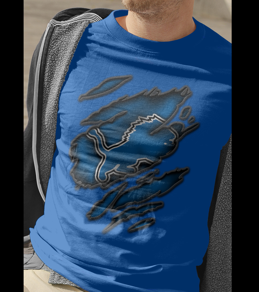 Torn Detroit Lions Blue Texture With Iconic Lion Logo In Claw Marks T-Shirt