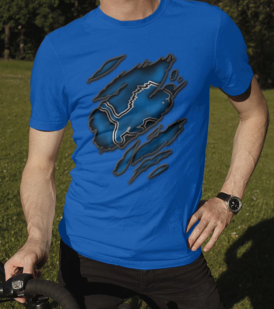 Torn Detroit Lions Blue Texture With Iconic Lion Logo In Claw Marks T-Shirt