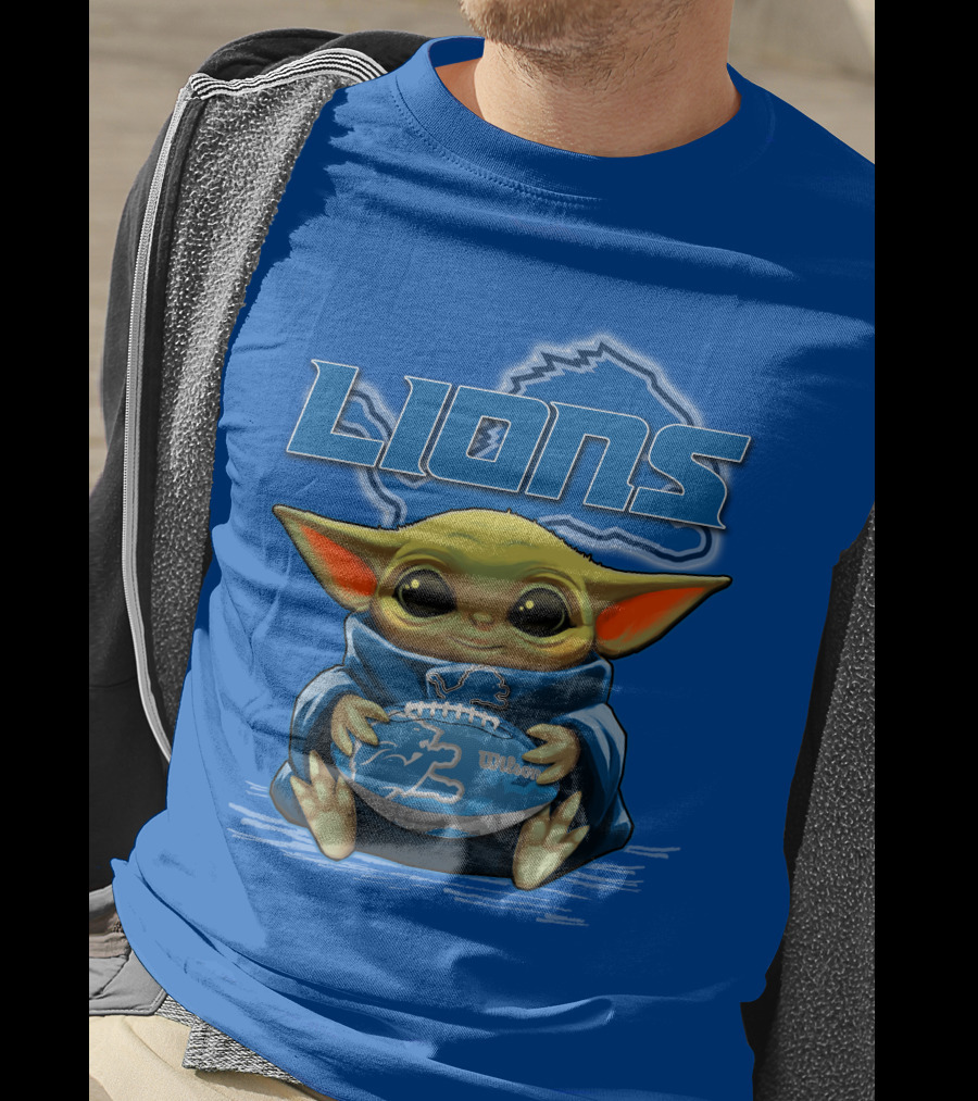 Lions Baby Yoda Holding Detroit Football Wilson Logo Fan Favorite T-Shirt