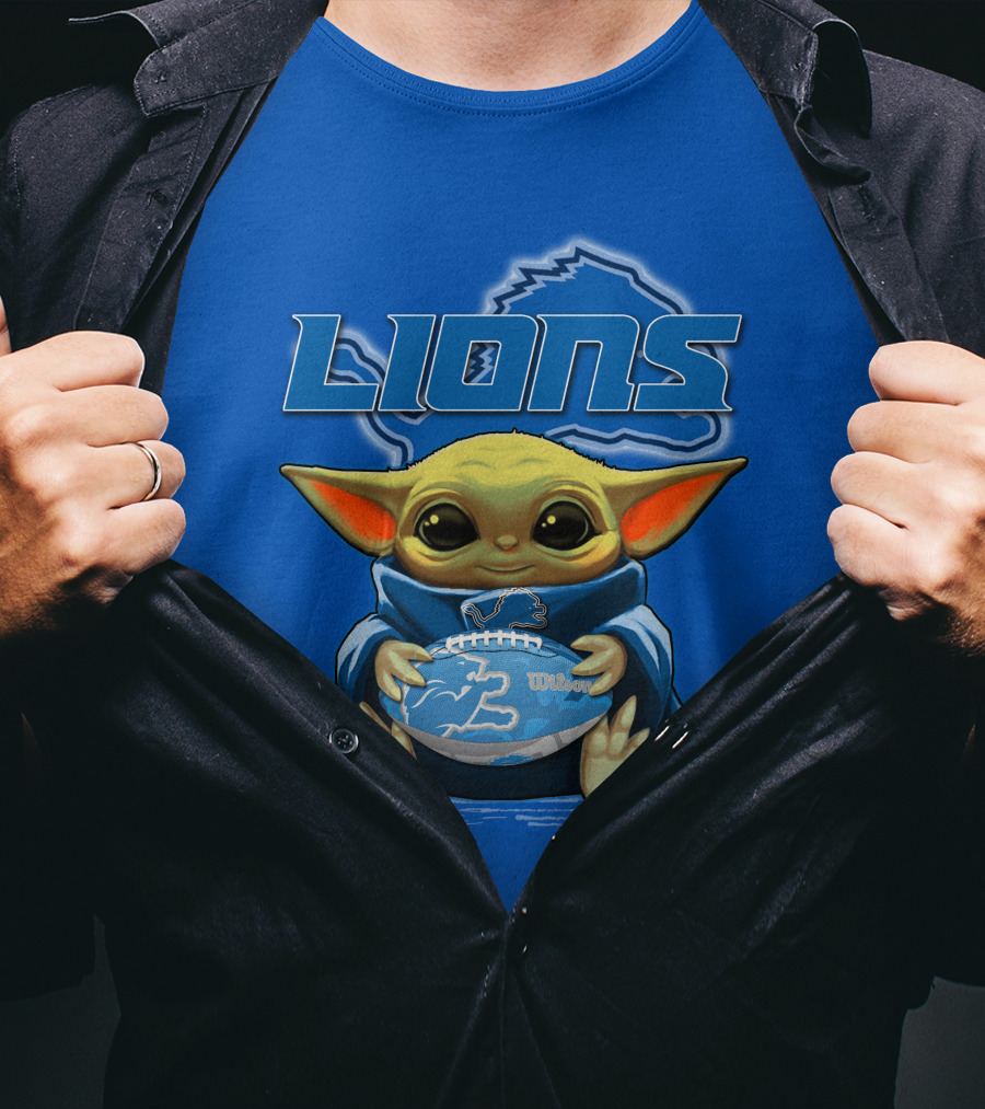 Lions Baby Yoda Holding Detroit Football Wilson Logo Fan Favorite T-Shirt