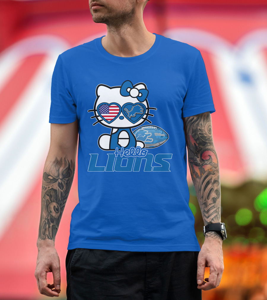 Hello Kitty Usa Detroit Lions Football Heart Glasses T-Shirt