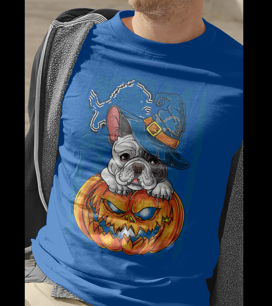 Hlw Bulldog DETROIT LIONS Halloween Bulldog Pumpkin Pajama Football Fan Gift T-Shirt