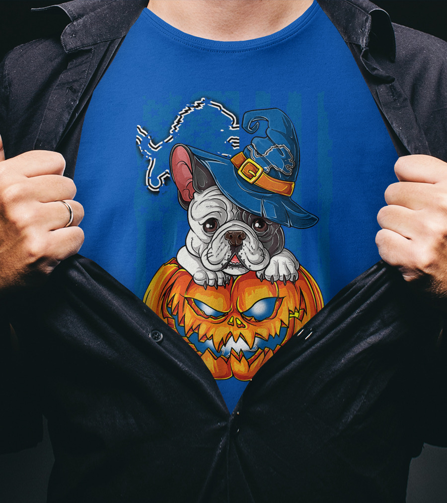 Hlw Bulldog DETROIT LIONS Halloween Bulldog Pumpkin Pajama Football Fan Gift T-Shirt