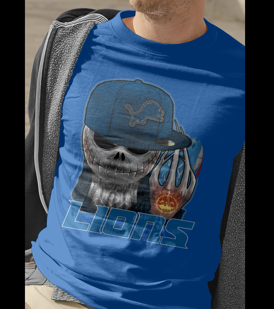 LIONS Jackskull Detroit Football Pumpkin Face Cap T-Shirt