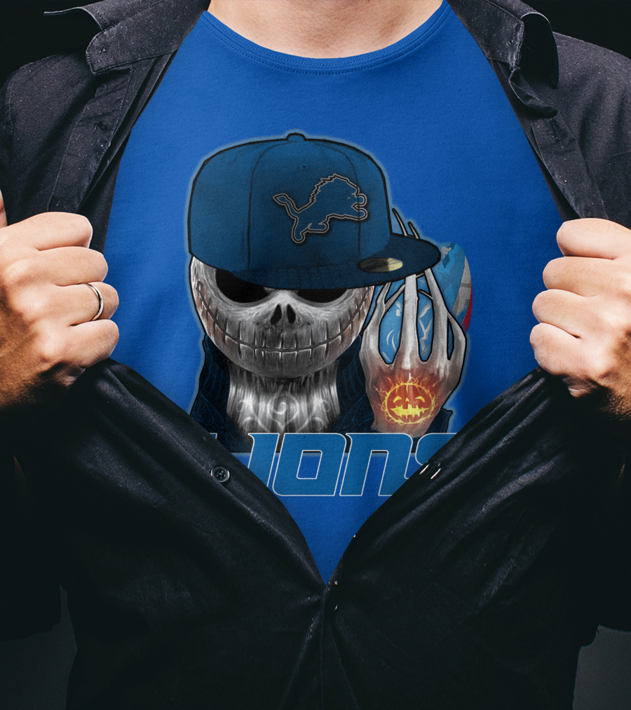 LIONS Jackskull Detroit Football Pumpkin Face Cap T-Shirt
