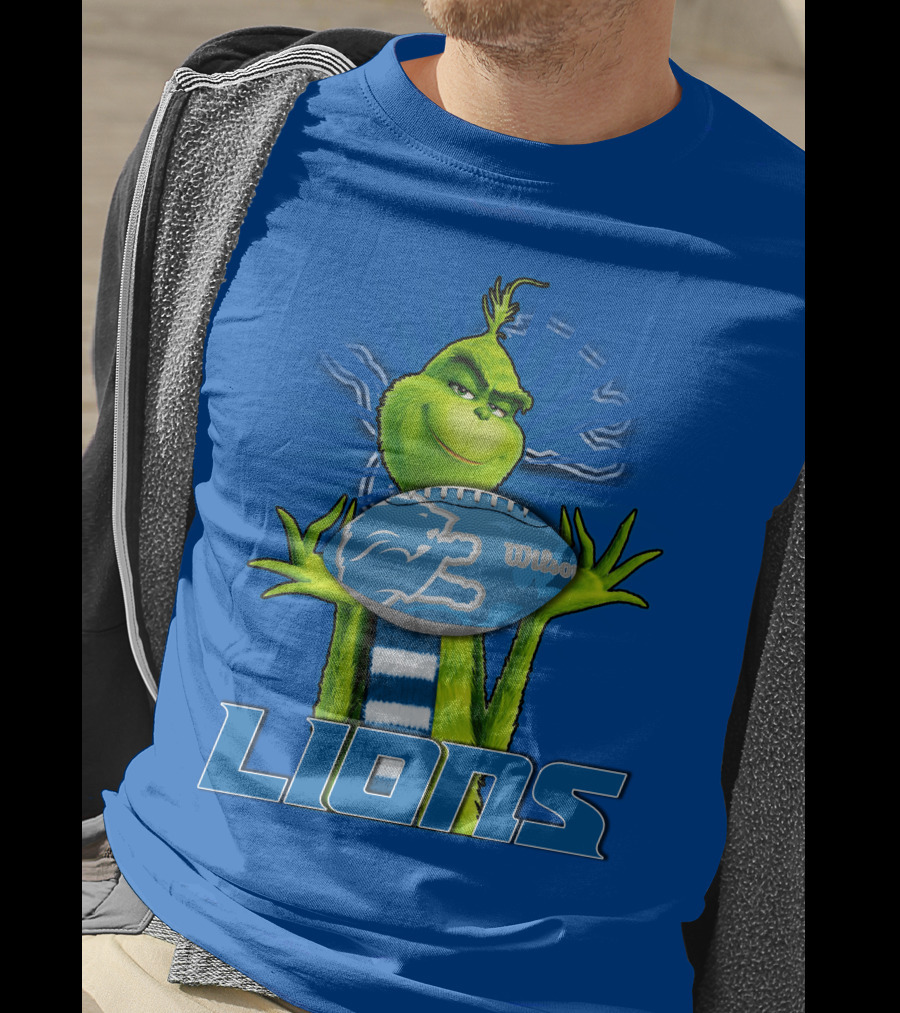 Grinch Holding Detroit Lions Football Blue T-Shirt