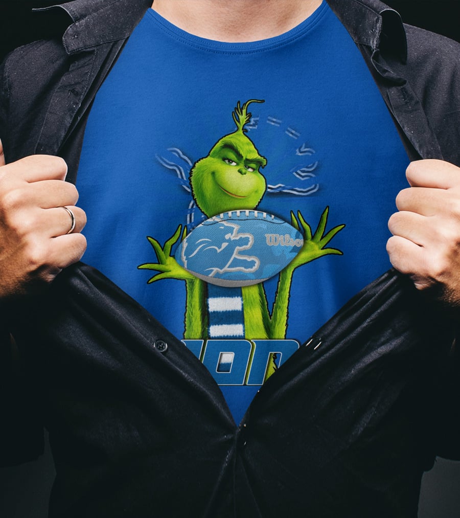 Grinch Holding Detroit Lions Football Blue T-Shirt