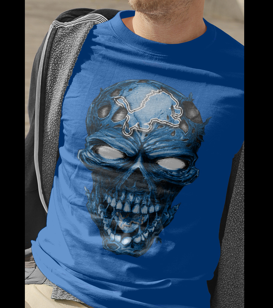 Skull Detroit Lions Distressed Blue Grunge T-Shirt