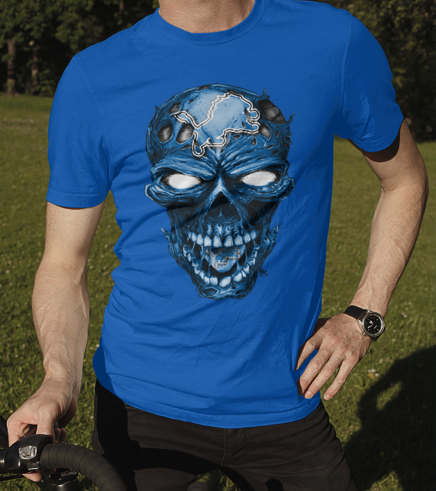 Skull Detroit Lions Distressed Blue Grunge T-Shirt