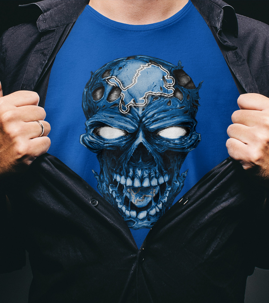 Skull Detroit Lions Distressed Blue Grunge T-Shirt