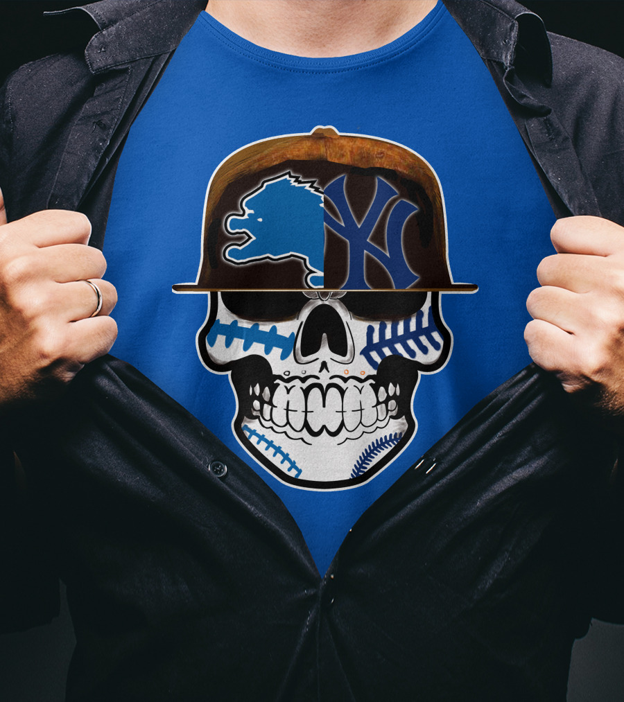 Detroit Lions Yankees Skull Blue Baseball Hat 74 T-Shirt
