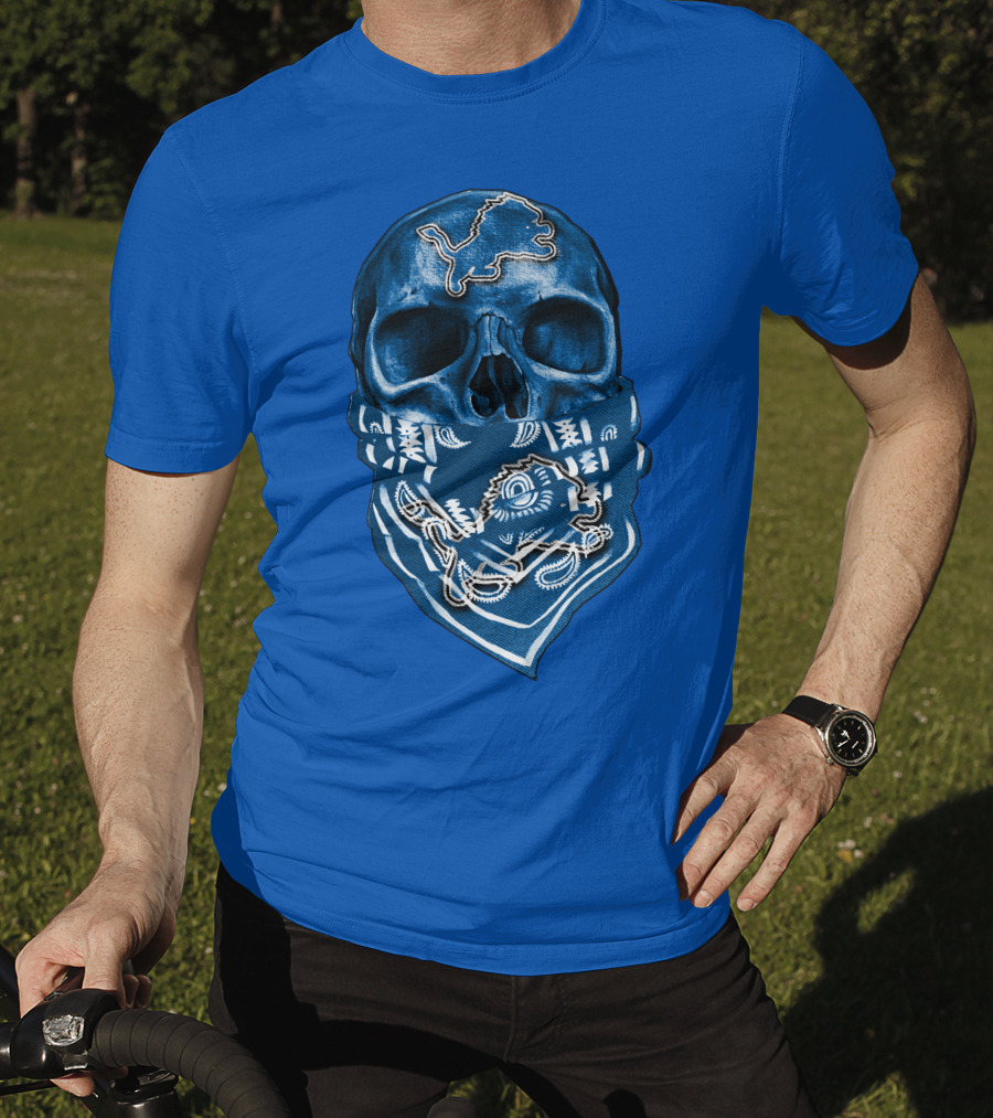 Detroit Lions Skull Bandana Blue T-Shirt