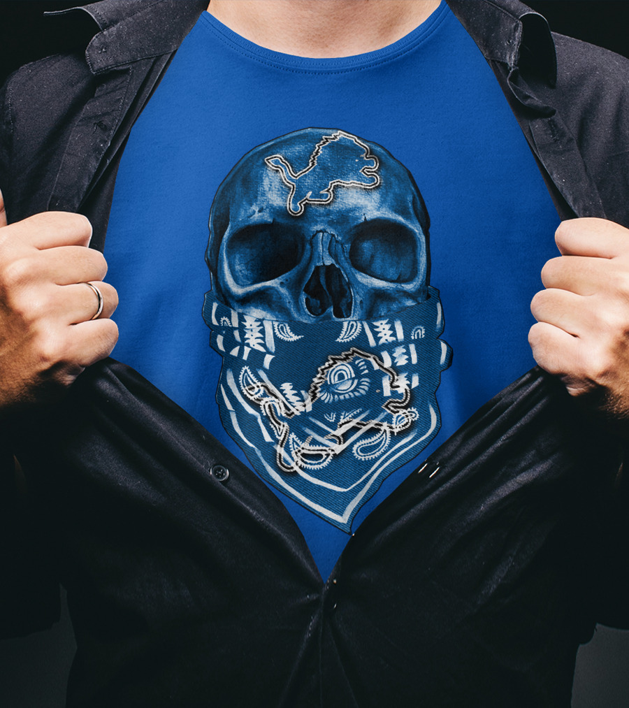 Detroit Lions Skull Bandana Blue T-Shirt