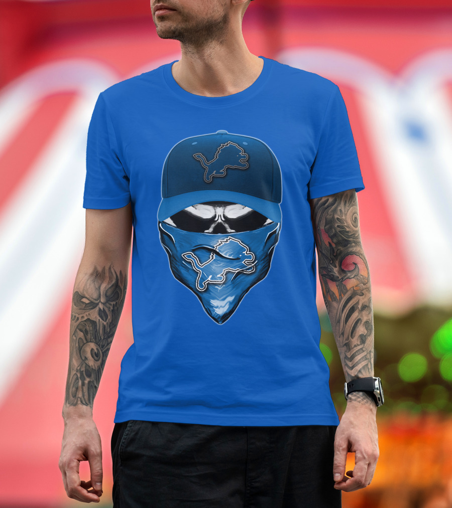 DETROIT LIONS Skull Face Mask Cap T-Shirt