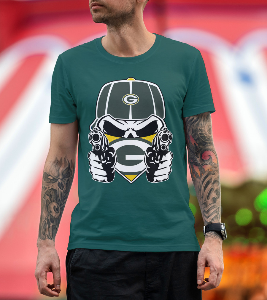 Green Bay Packers G Logo Helmet With Crossed Guns Face Mask T-Shirt