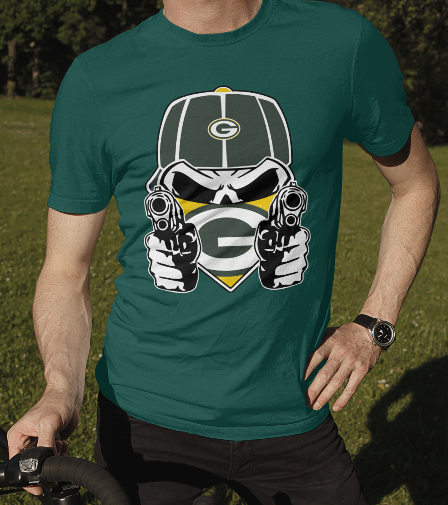 Green Bay Packers G Logo Helmet With Crossed Guns Face Mask T-Shirt