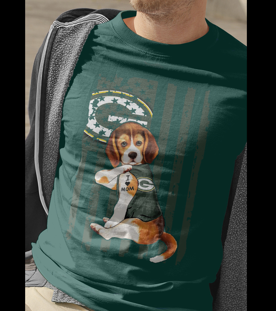 Beagle Wearing Green Bay Packers Jersey With I Love Mom Tattoo T-Shirt