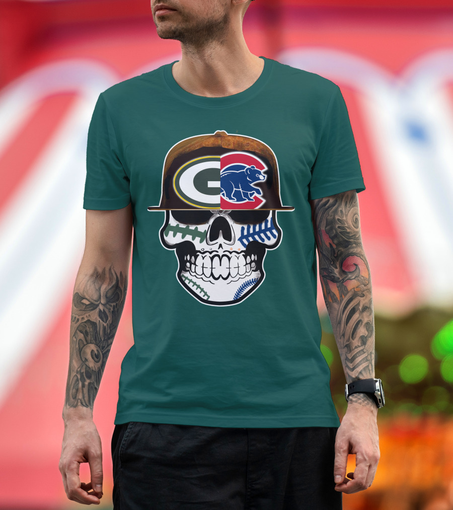 Green Bay Packers Chicago Cubs Skull Hat T-Shirt