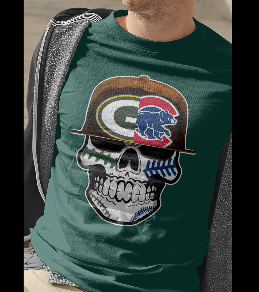 Green Bay Packers Chicago Cubs Skull Hat T-Shirt