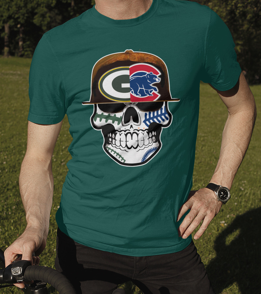 Green Bay Packers Chicago Cubs Skull Hat T-Shirt