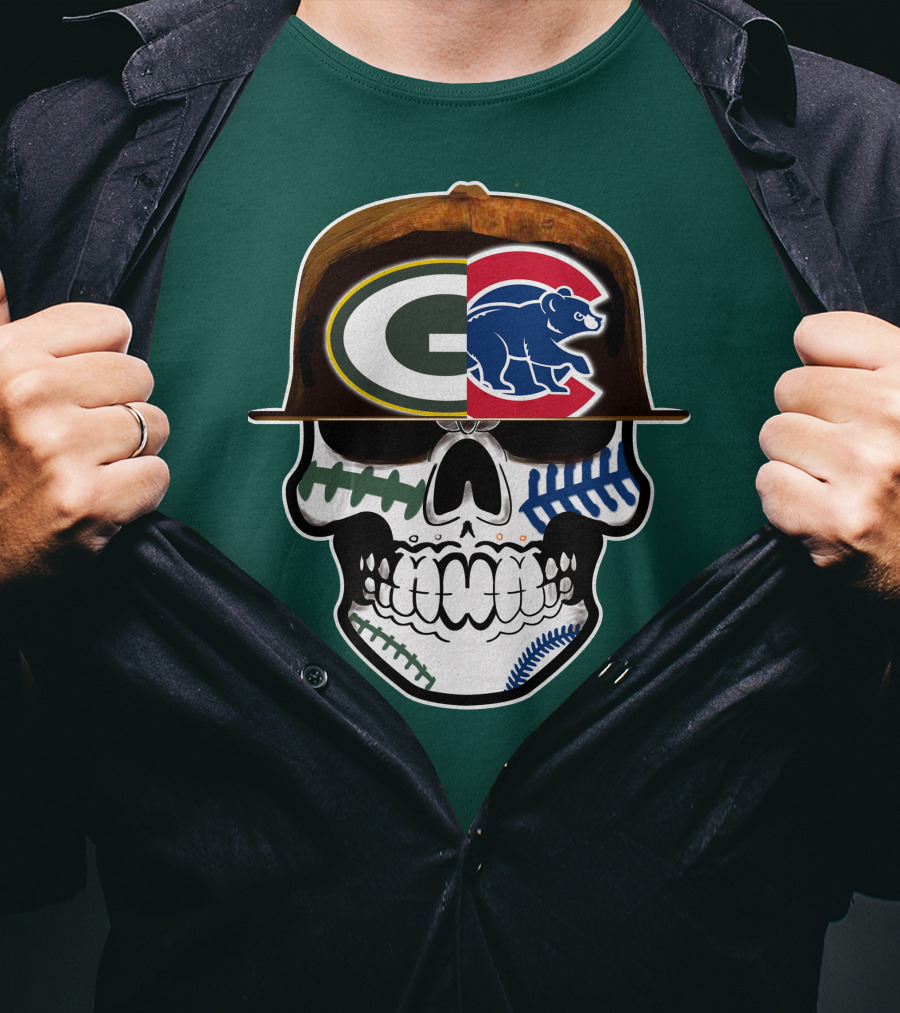 Green Bay Packers Chicago Cubs Skull Hat T-Shirt