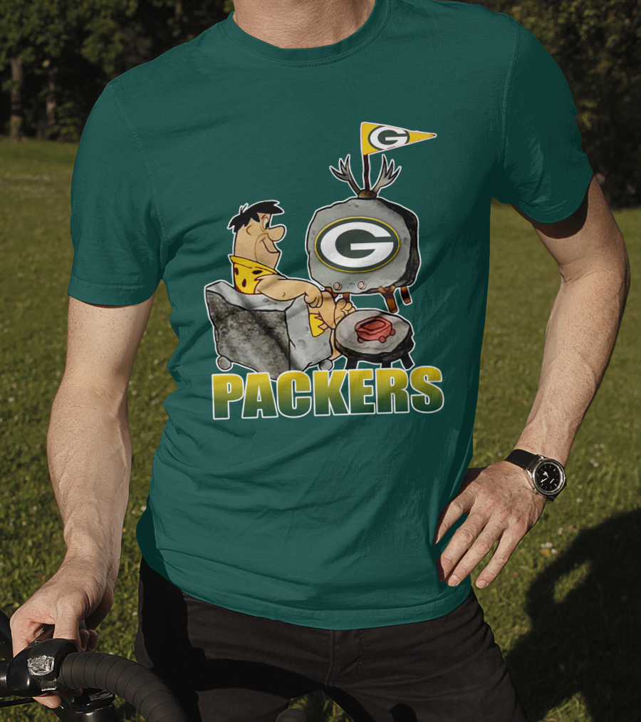 Packers Fred Flintstone Watching Tv With Green Bay T-Shirt