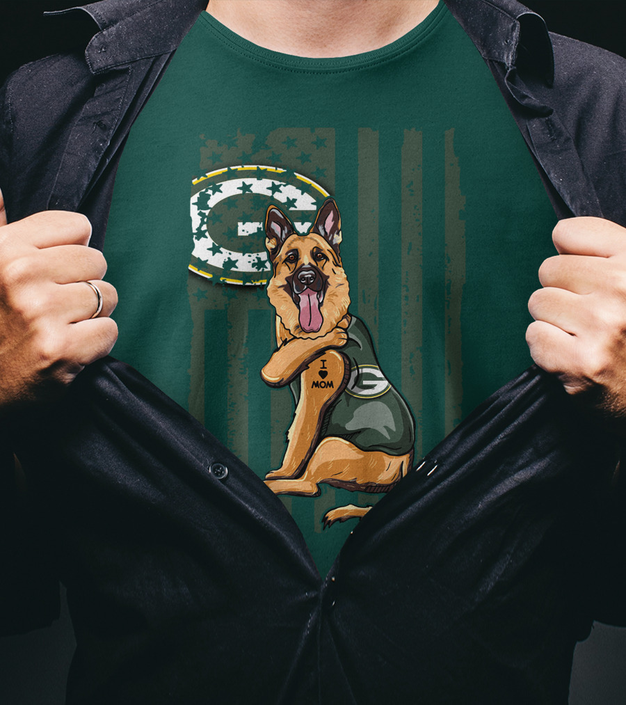 German Shepherd I Love Mom Green Bay Packers Fan T-Shirt