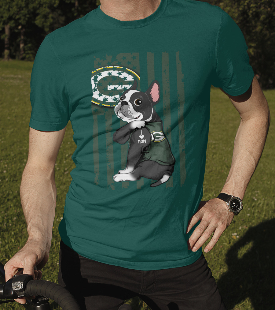 Boston Terrier Holding I Love Mom Green Bay Packers T-Shirt