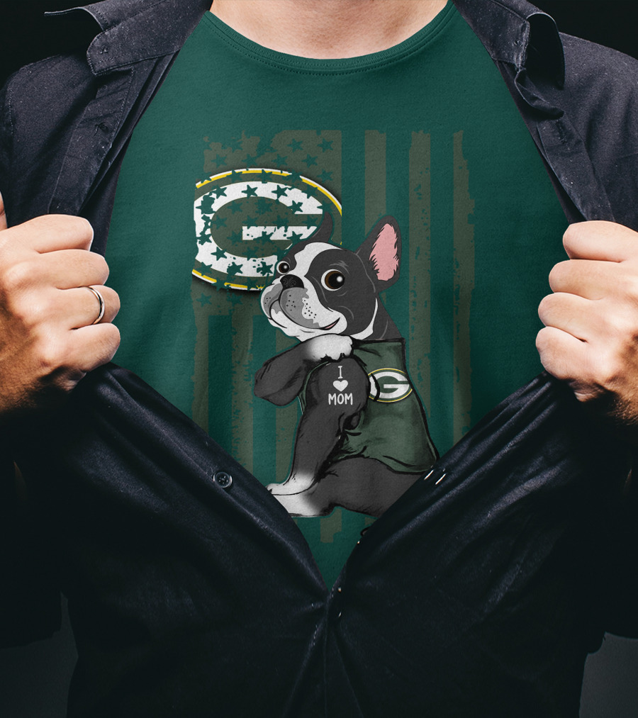 Boston Terrier Holding I Love Mom Green Bay Packers T-Shirt
