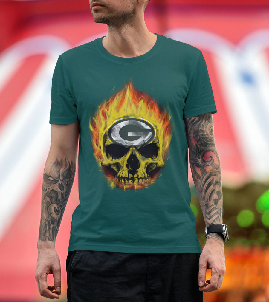 Green Bay Packers Skull Flames T-Shirt