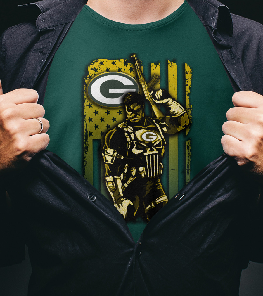 Green Bay Packers Soldier With Rifle And American Flag T-Shirt
