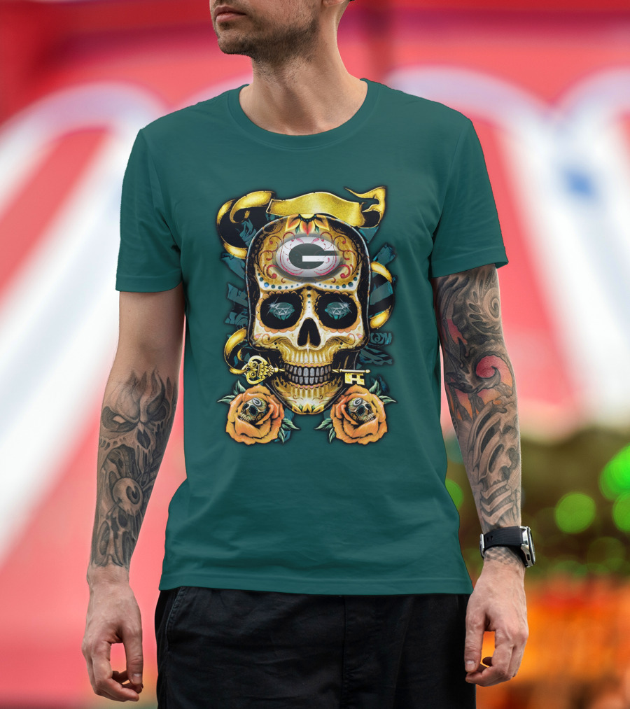 Green Bay Packers Sugar Skull Gothic Design With Floral And Key Elements T-Shirt