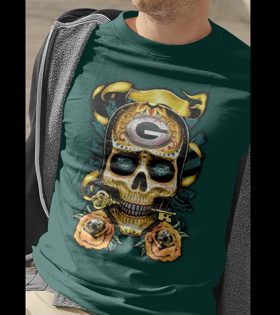 Green Bay Packers Sugar Skull Gothic Design With Floral And Key Elements T-Shirt