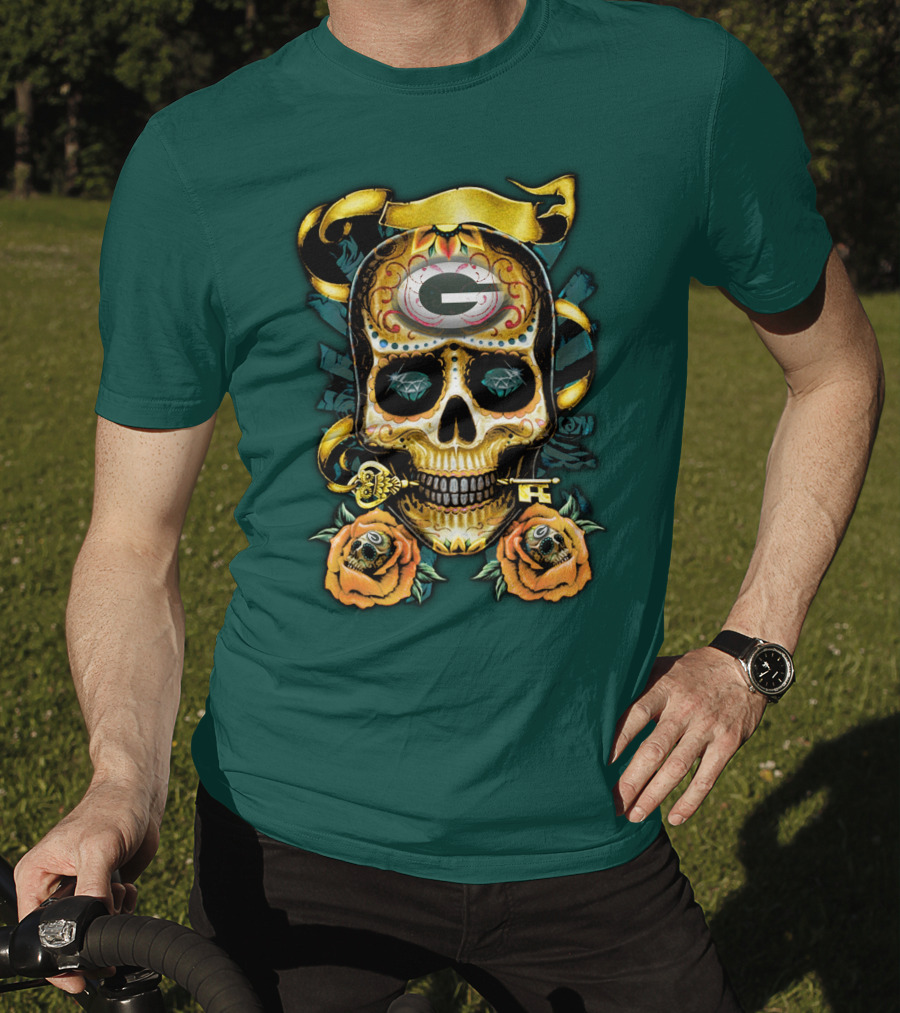 Green Bay Packers Sugar Skull Gothic Design With Floral And Key Elements T-Shirt
