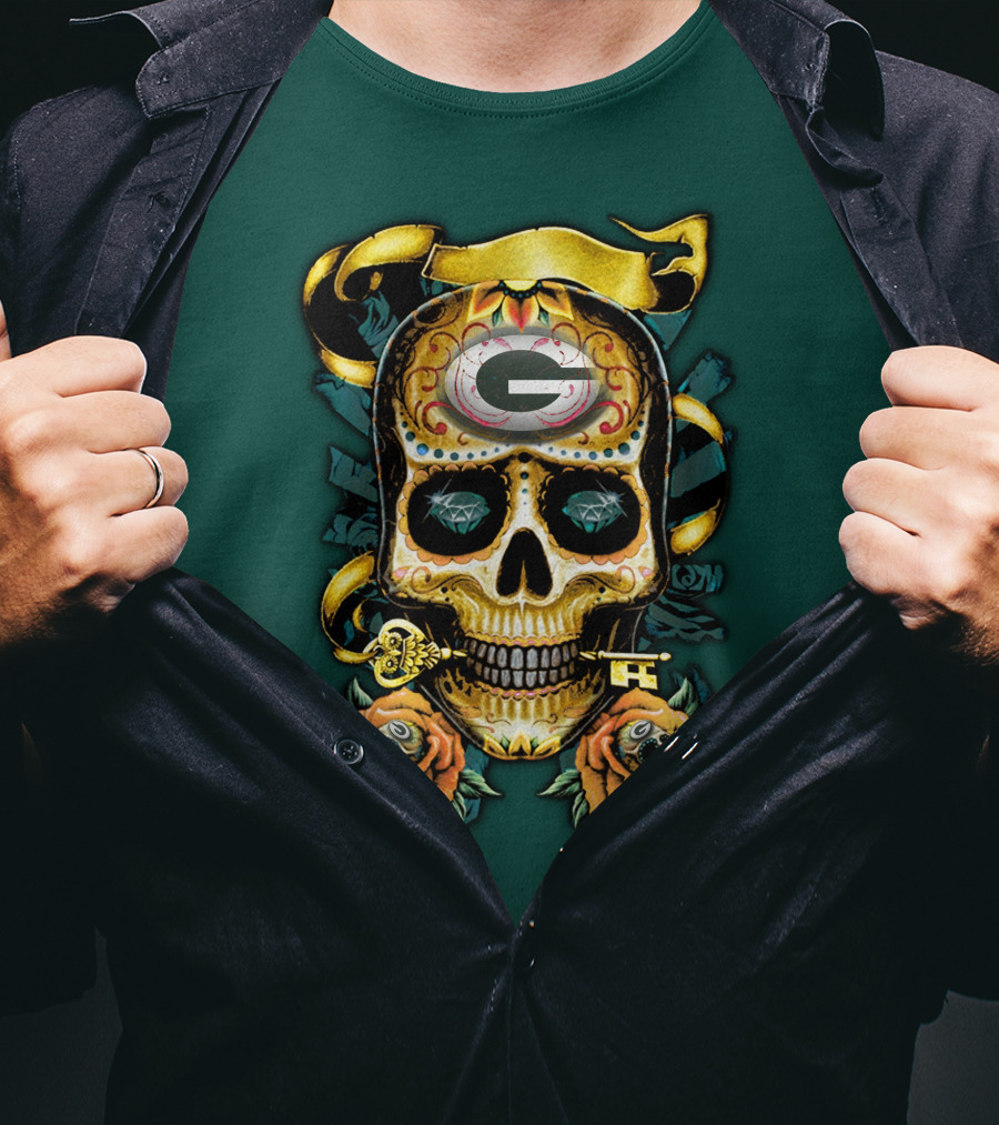 Green Bay Packers Sugar Skull Gothic Design With Floral And Key Elements T-Shirt