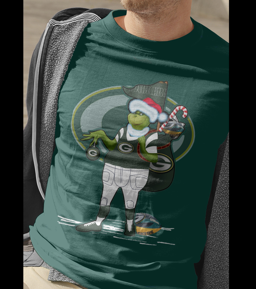 Grinch Green Bay Packers Christmas Santa Hat Football Candy Cane T-Shirt