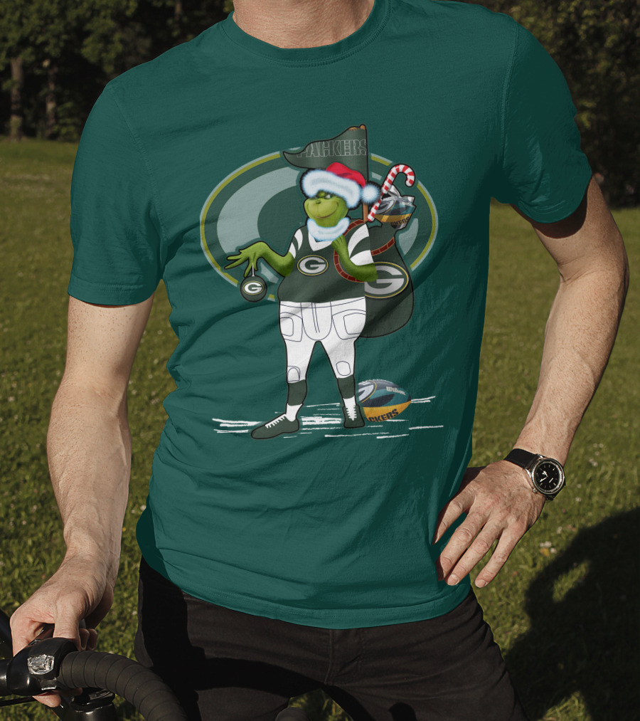 Grinch Green Bay Packers Christmas Santa Hat Football Candy Cane T-Shirt
