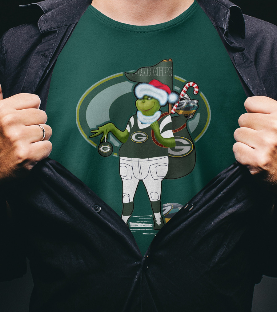 Grinch Green Bay Packers Christmas Santa Hat Football Candy Cane T-Shirt