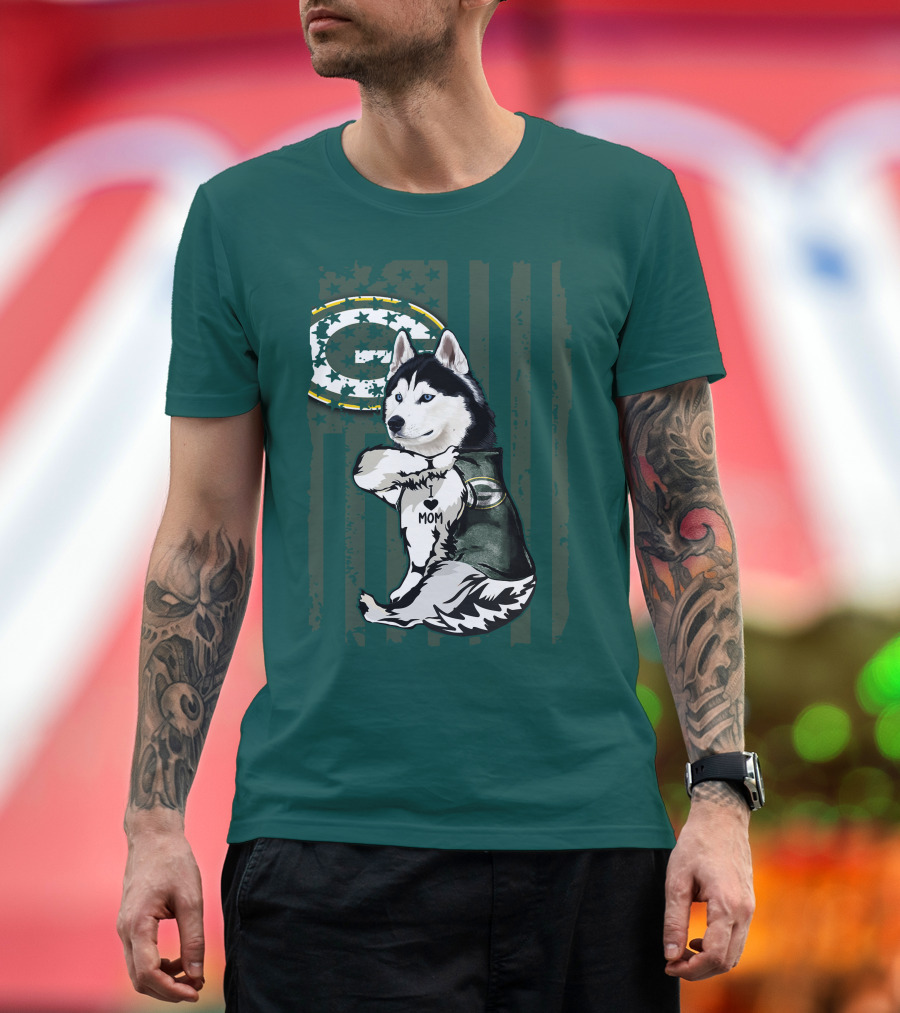 Siberian Husky Green Bay Packers Mom Fan With Heart Tattoo And Team T-Shirt